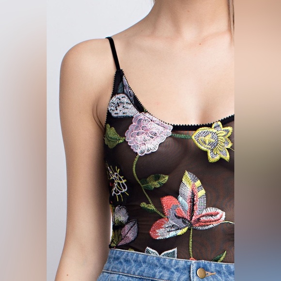 Honey Punch Semi-Sheer Embroidered Floral Bodysuit - Picture 3 of 14